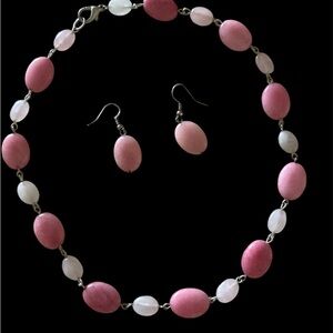 New Beads Pink and Silver Necklace  Earring  Set